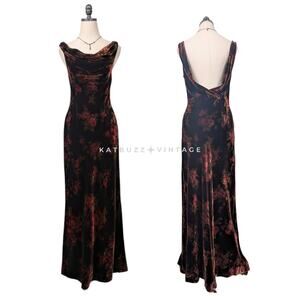 Vintage Lauren Ralph Lauren Velvet Maxi Dress 6 Brown Prom Gown Floral Y2K 90S